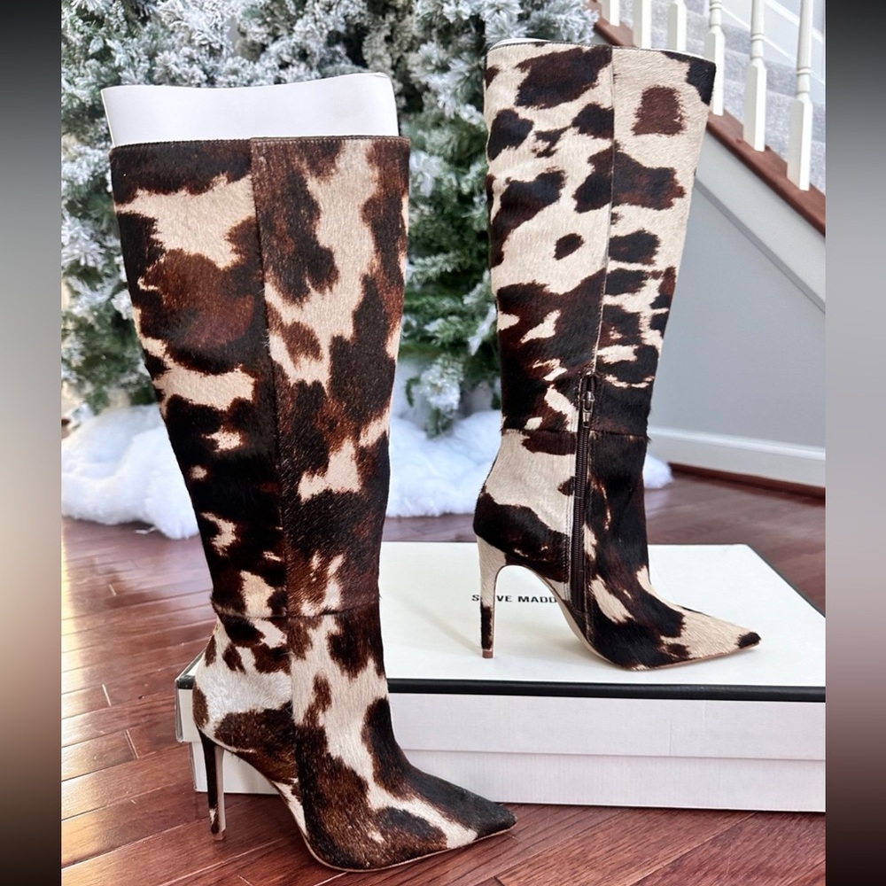 Steve Madden Nitro Brown Cow Print Real Fur Knee-High‎ Heeled Boots - Picture 6 of 12